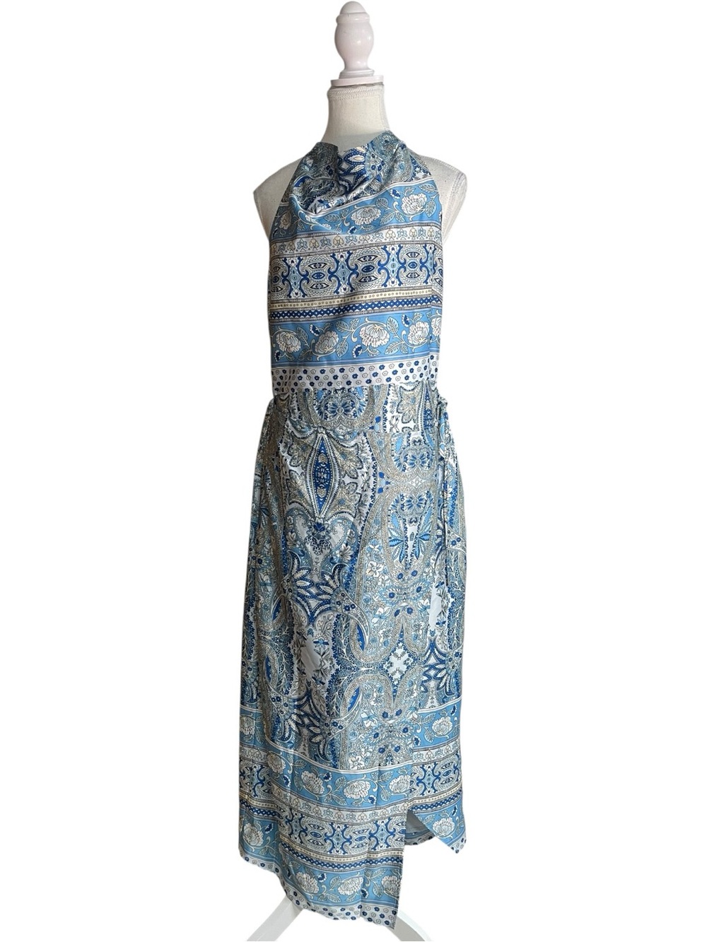 Lulus Radina Paisley Print Satin Halter Midi Wrap Dress Blue
